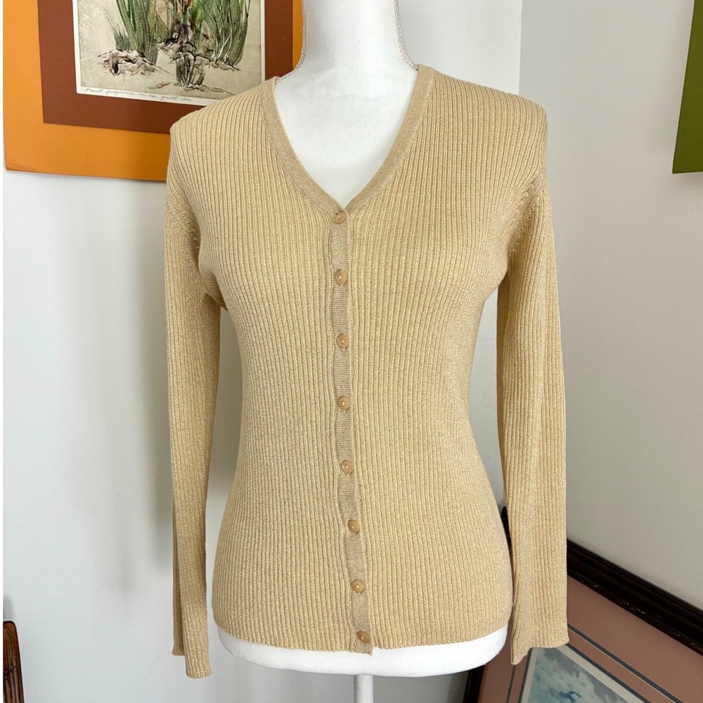 Metallic Gold Cardigan Womens Small Ribbed V-Neck Sweater